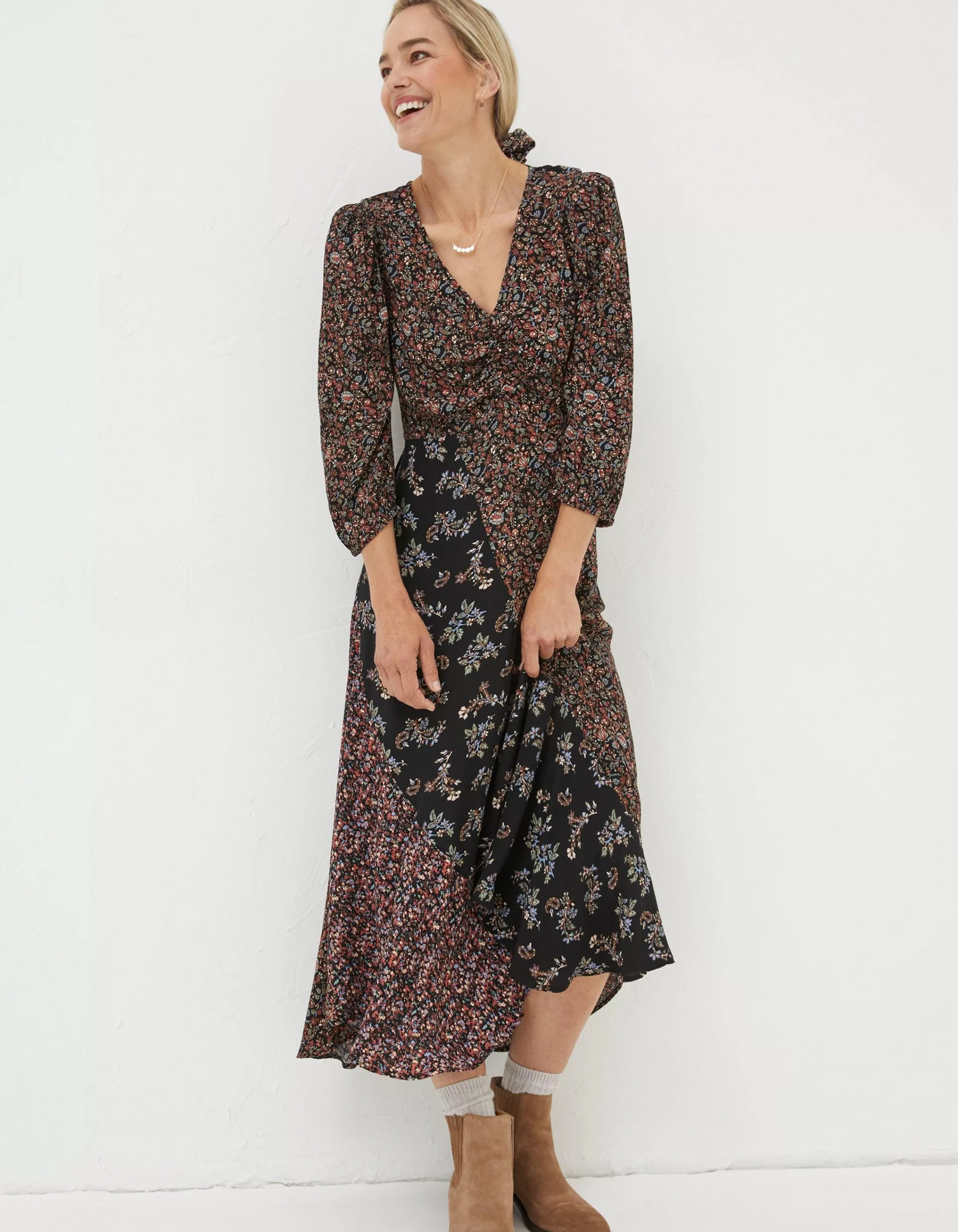 Store FatFace Nate Craft Floral Midi Dress Black