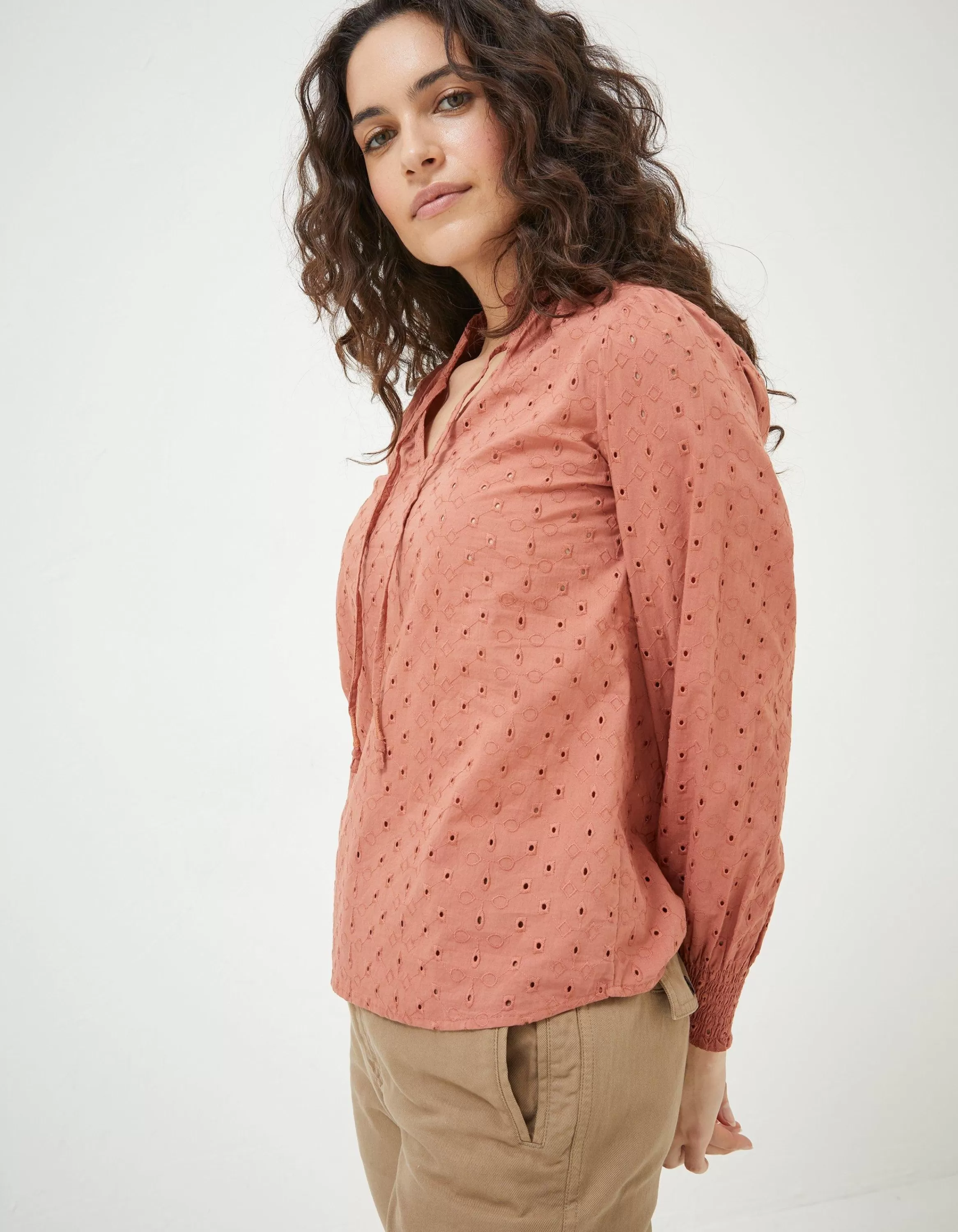 Store FatFace Nellie Broderie Blouse Rust Brown
